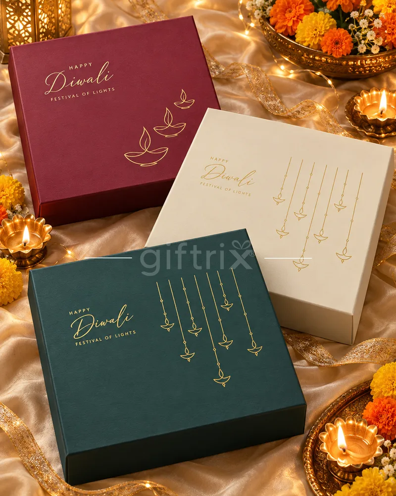 Giftrix Diwali gift boxes in maroon, ivory and green