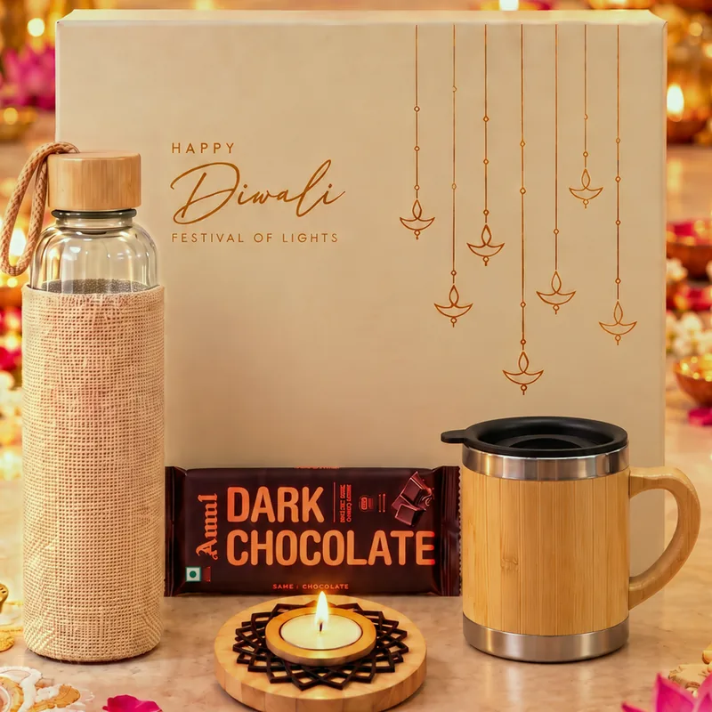 Eco Sip Diwali hamper: ivory box with glass bottle, bamboo mug, dark chocolate and tealight