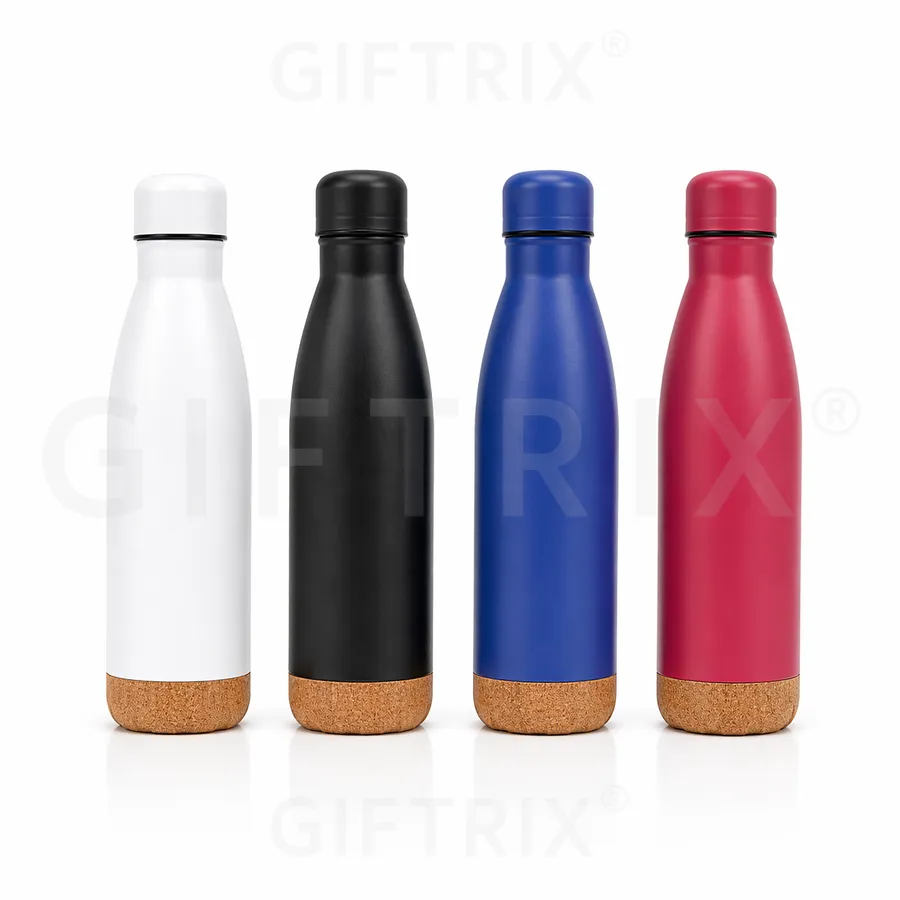 Powder-coat steel coke-shape bottle with natural cork base in 4 colours