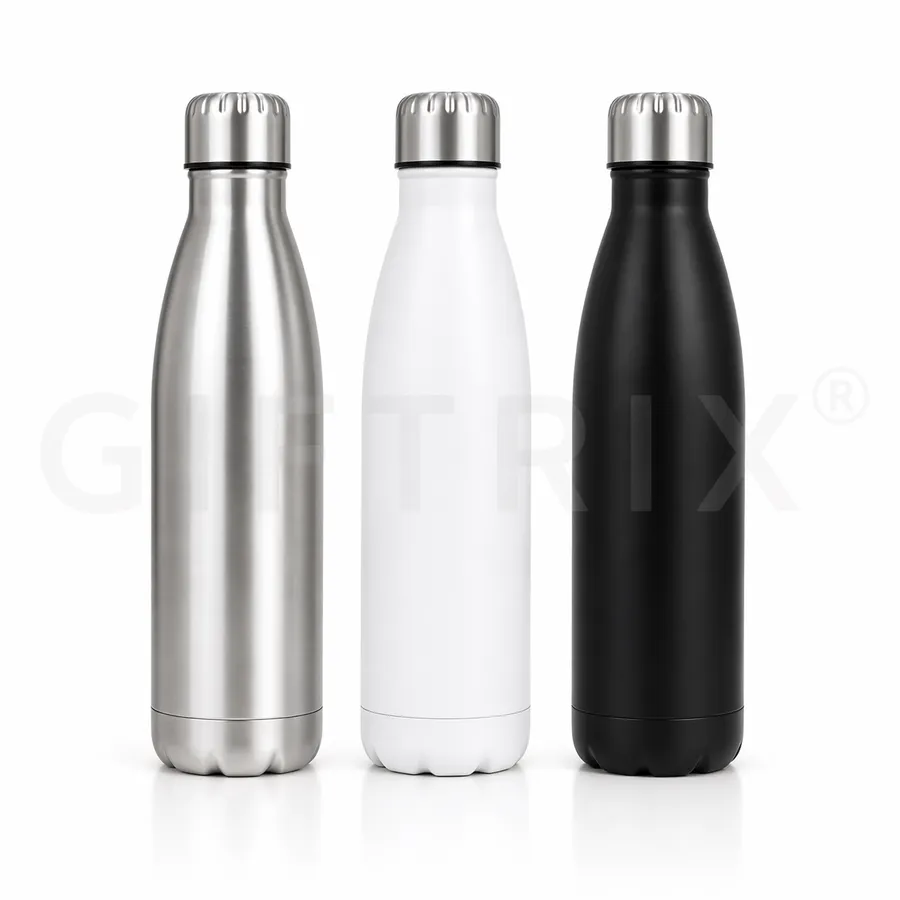 Classic coke-silhouette steel bottle in brushed silver, gloss white, and matte black