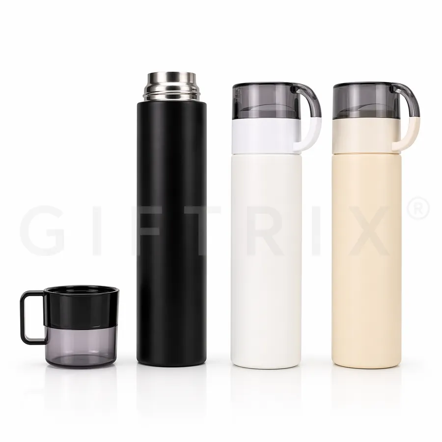 Thermos with detachable mug lid in black, white, beige