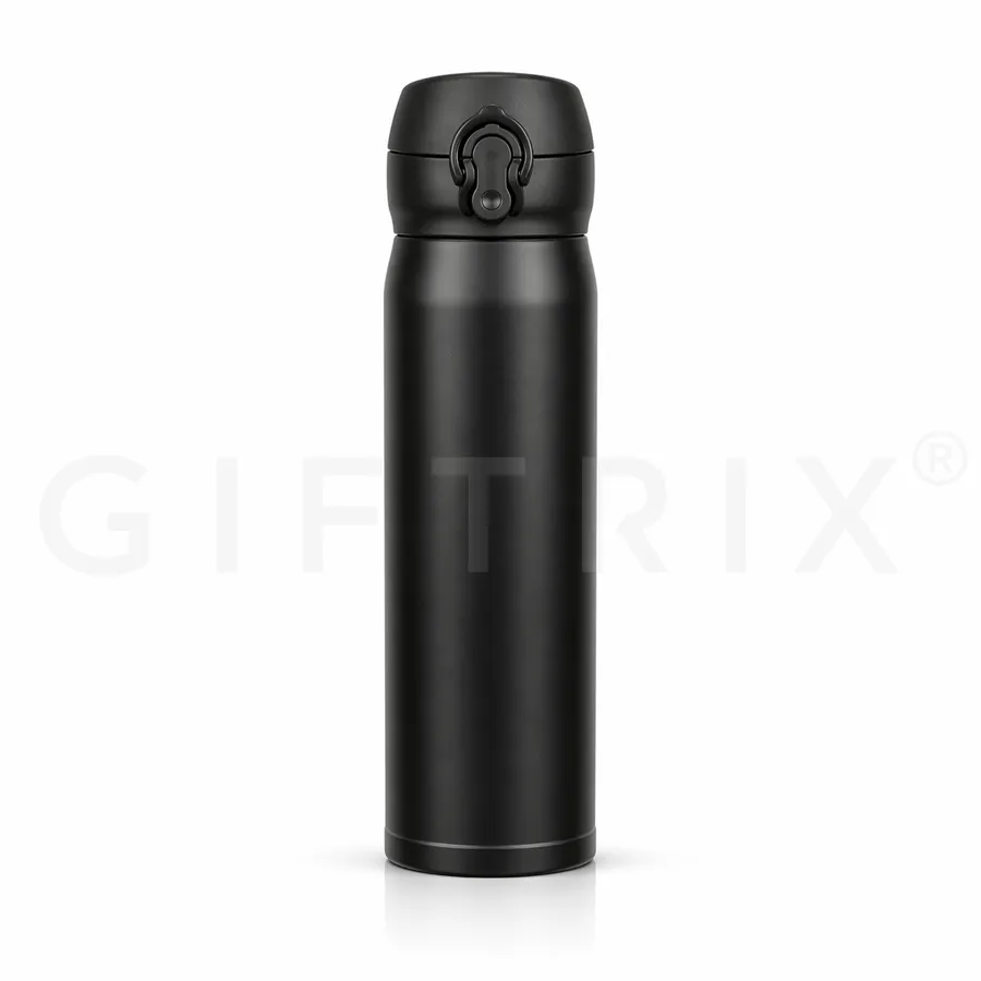 Matte black flask with single-hand push-button lid