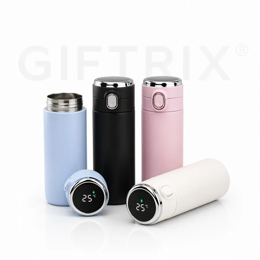 LED smart temperature bottles in soft pastel blue, black, pink, and white