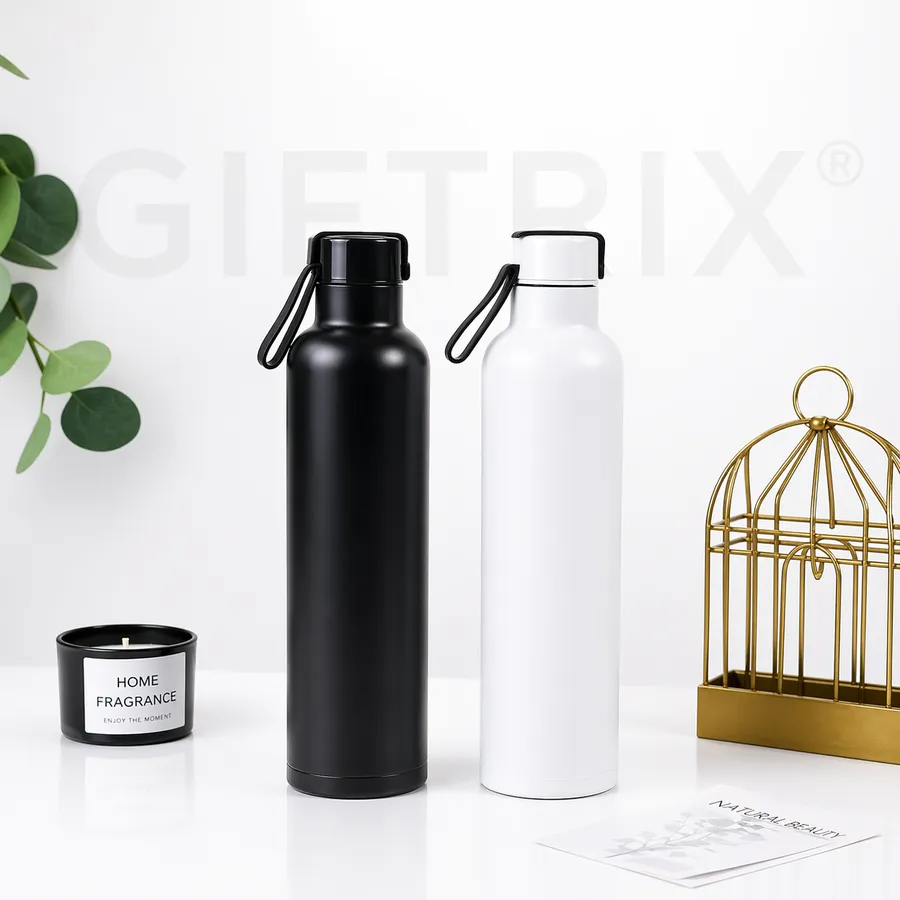 Tall loop-strap bottle in black and white lifestyle shot