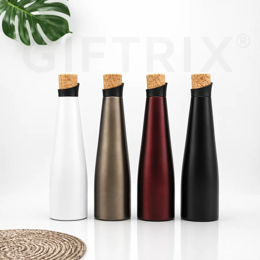 Wine-style slender bottle with natural cork cap in 4 finishes