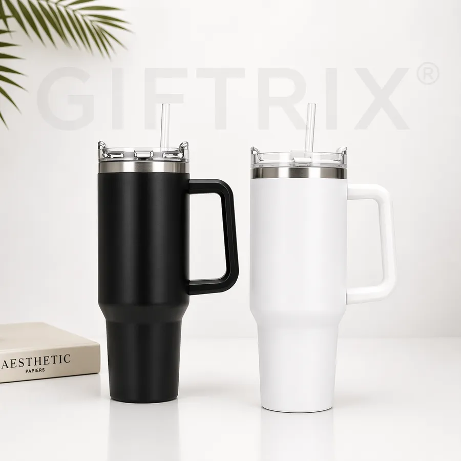 40oz Stanley-style insulated travel tumbler with handle and straw lid