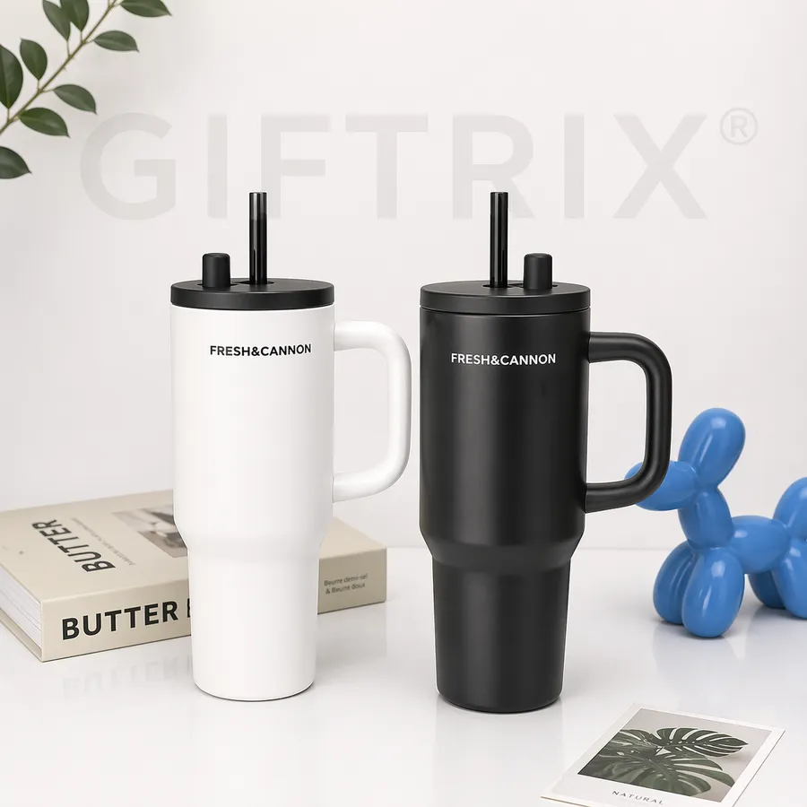 Branded Stanley-style tumblers with logo