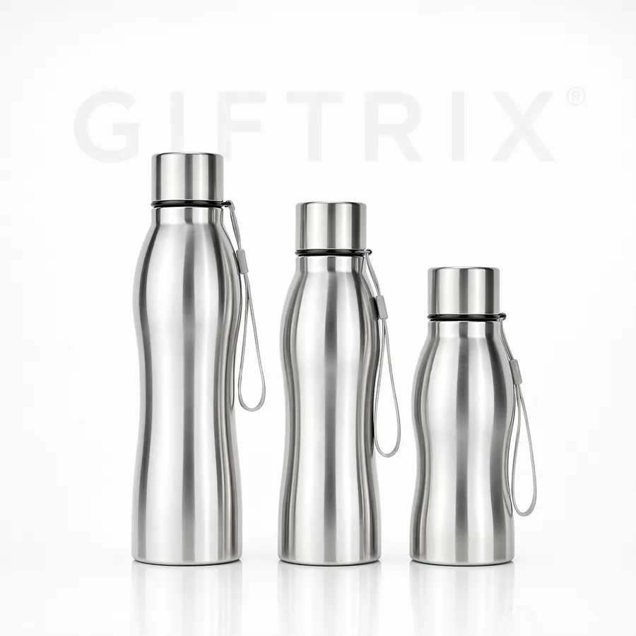 Classic curved steel bottle with wrist strap in 500ml, 750ml, and 1L sizes