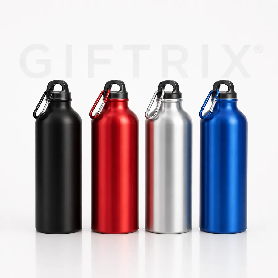 Lightweight aluminum sport bottle with clip-on carabiner in 4 colours