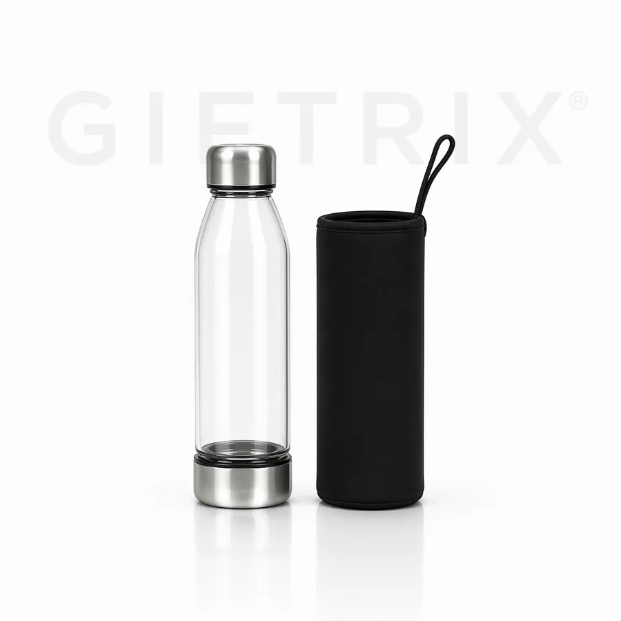 Glass bottle with steel cap and black neoprene sleeve