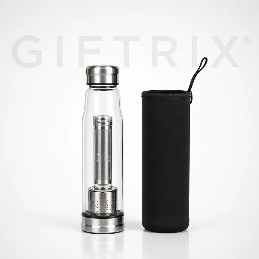 Glass tea-infuser bottle with protective sleeve