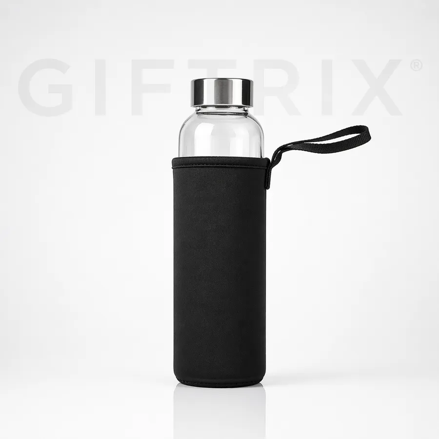 Glass carry bottle in black neoprene sleeve
