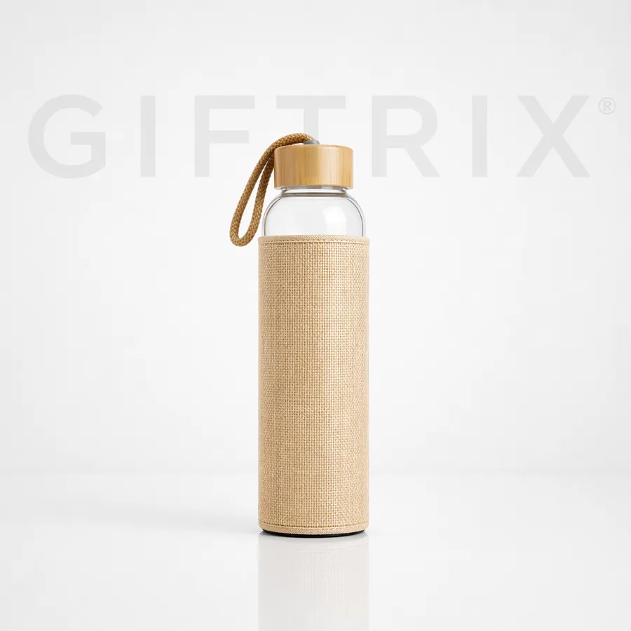 Glass bottle in jute sleeve with bamboo cap