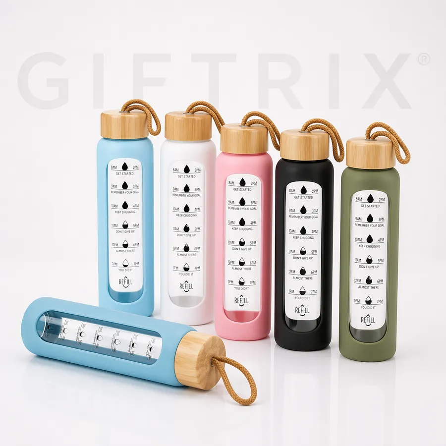 Hydration-tracker glass bottles with silicone sleeve and bamboo cap