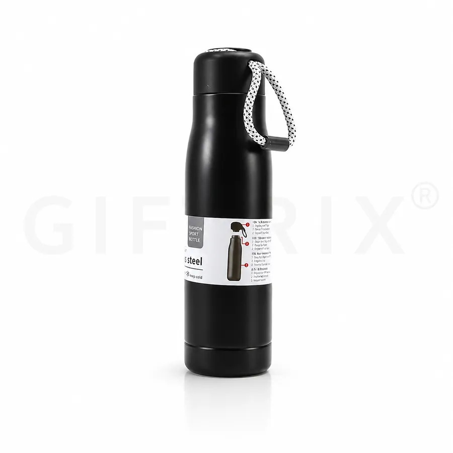 Black insulated steel bottle with woven carry strap on cap