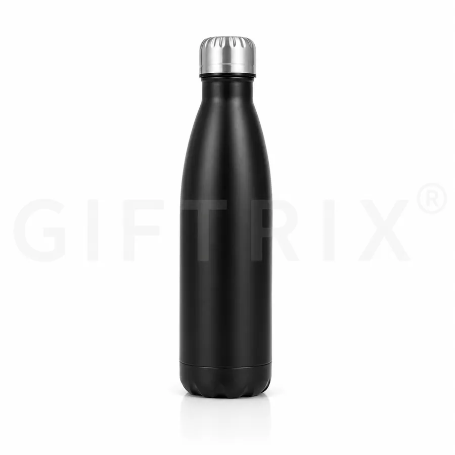 Classic black matte cola-shape steel bottle with ridged silver cap