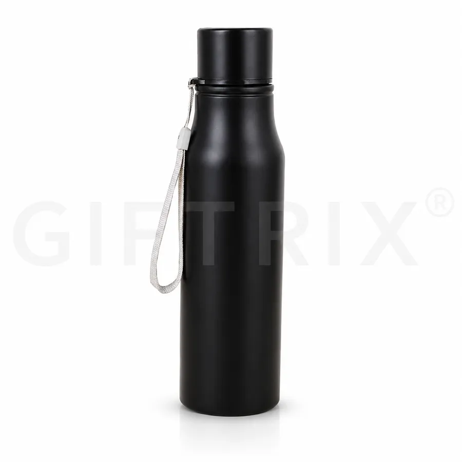 Black matte steel sports bottle with white nylon carry strap