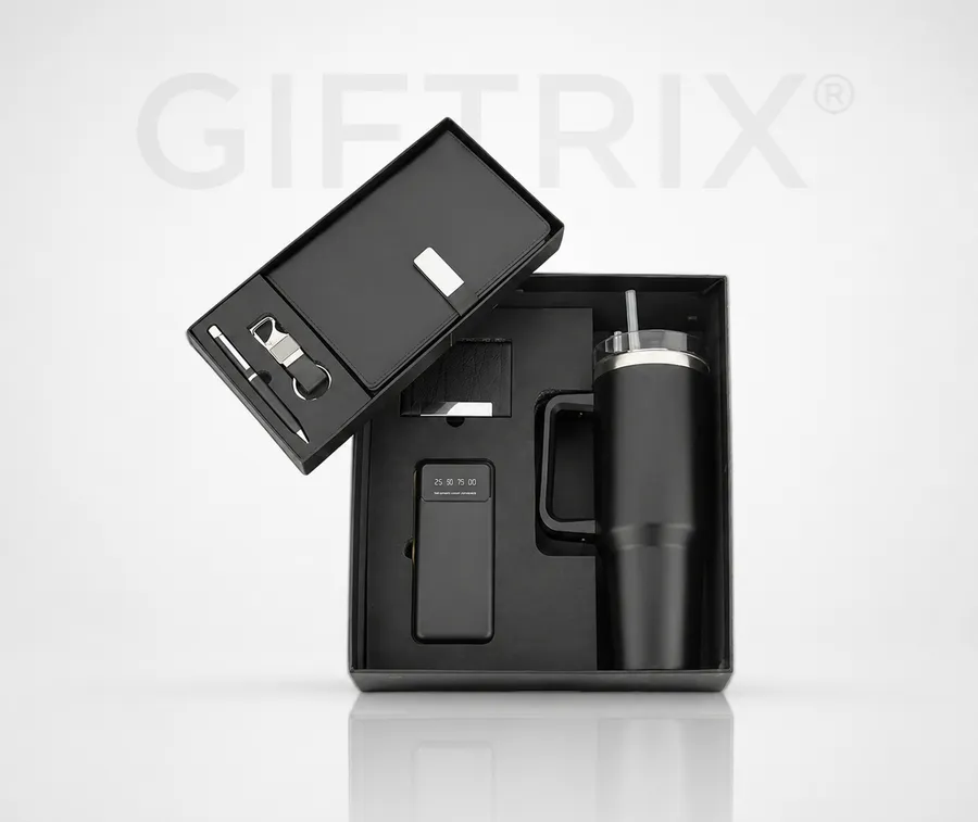 Black executive 4-piece combo with tumbler, notebook, powerbank and keychain