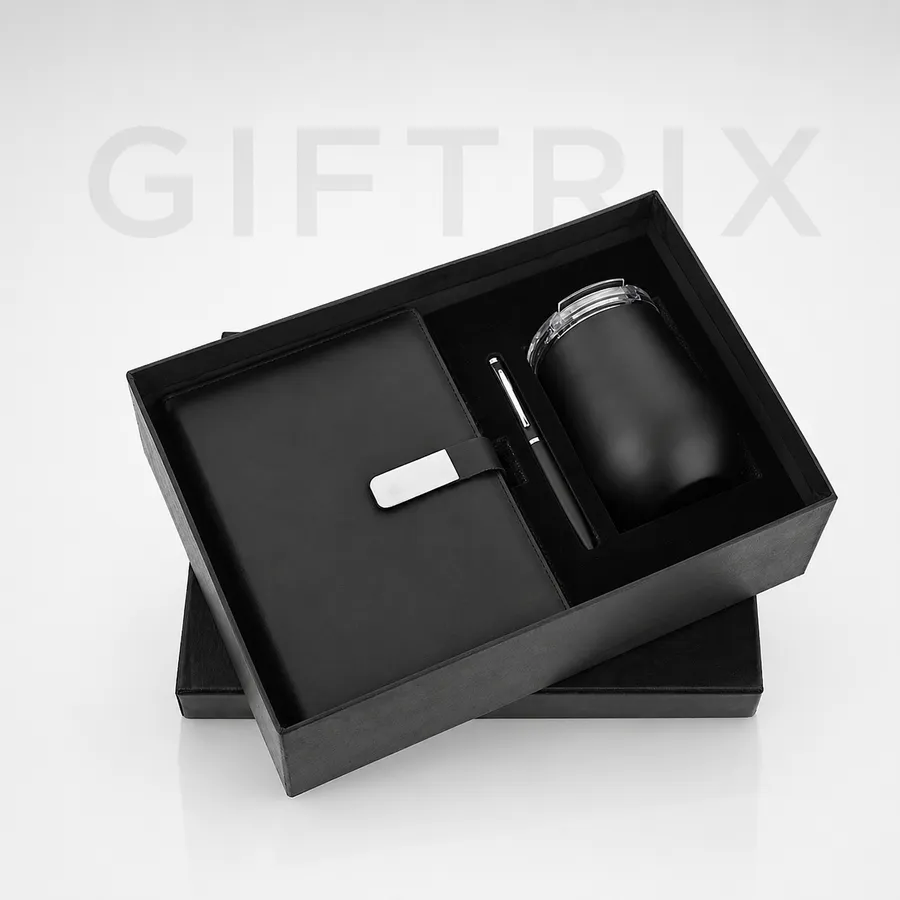 Black notebook with tumbler and pen 3-piece combo