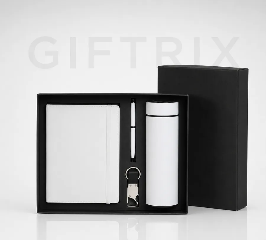 White edition 4-piece combo with notebook bottle pen and keychain