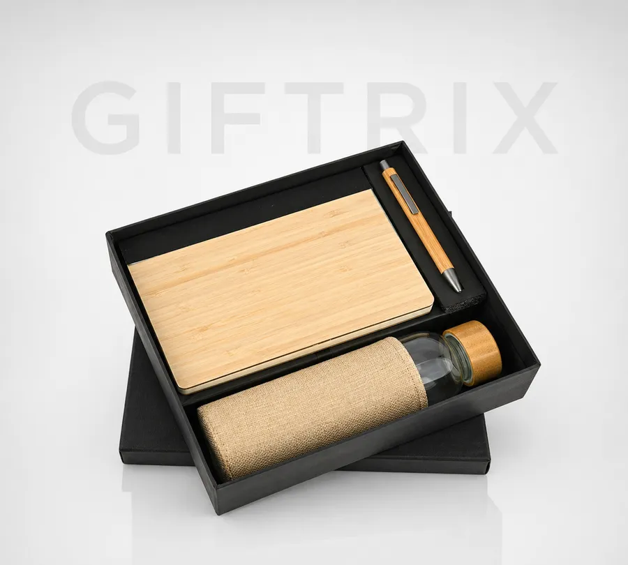 Bamboo eco combo with bamboo notebook jute bottle and pen