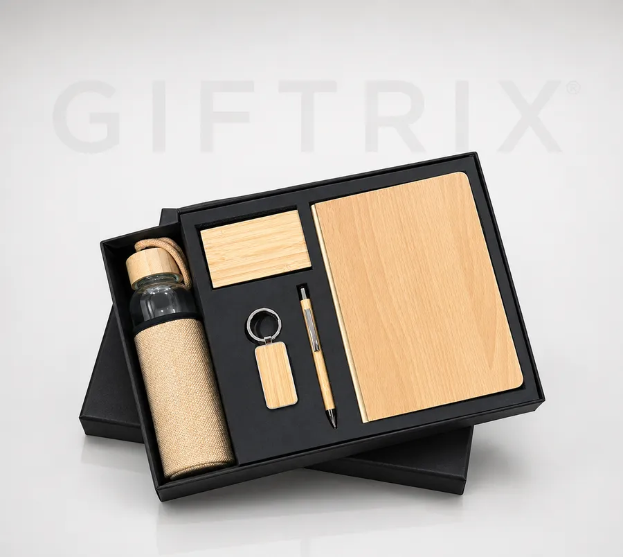 Bamboo premium 5-piece set with bottle notebook pen keychain and cardholder