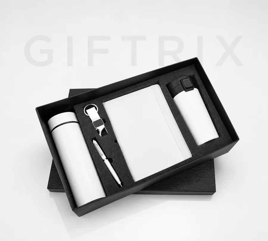 White 4-piece bottle combo with bottle notebook pen and bottle opener
