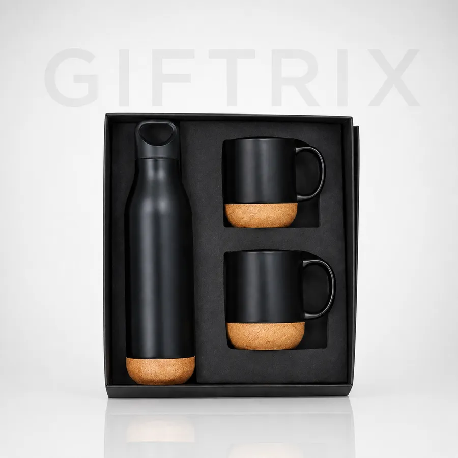 Cork base bottle and two coffee mugs gift trio