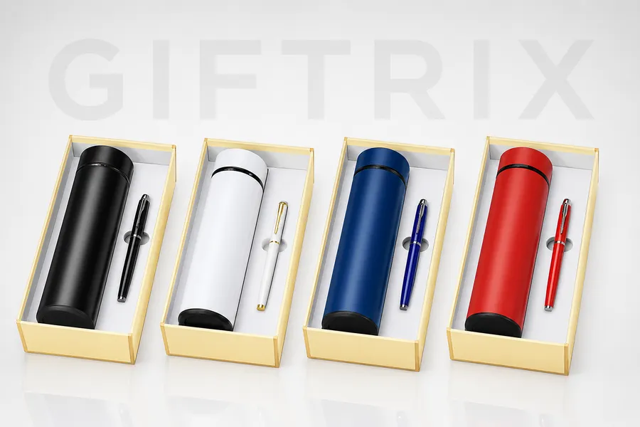 Bottle and pen duo in 4 colour variants black white blue red