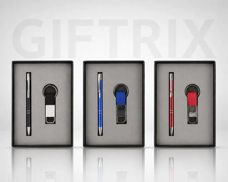 Pen and keychain trio in black blue and red