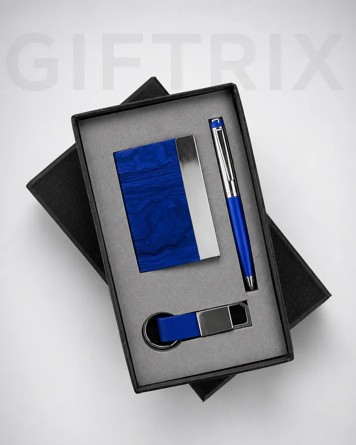 Blue cardholder with pen and keychain set