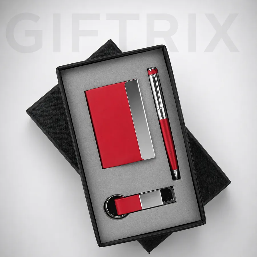 Red cardholder with pen and keychain set