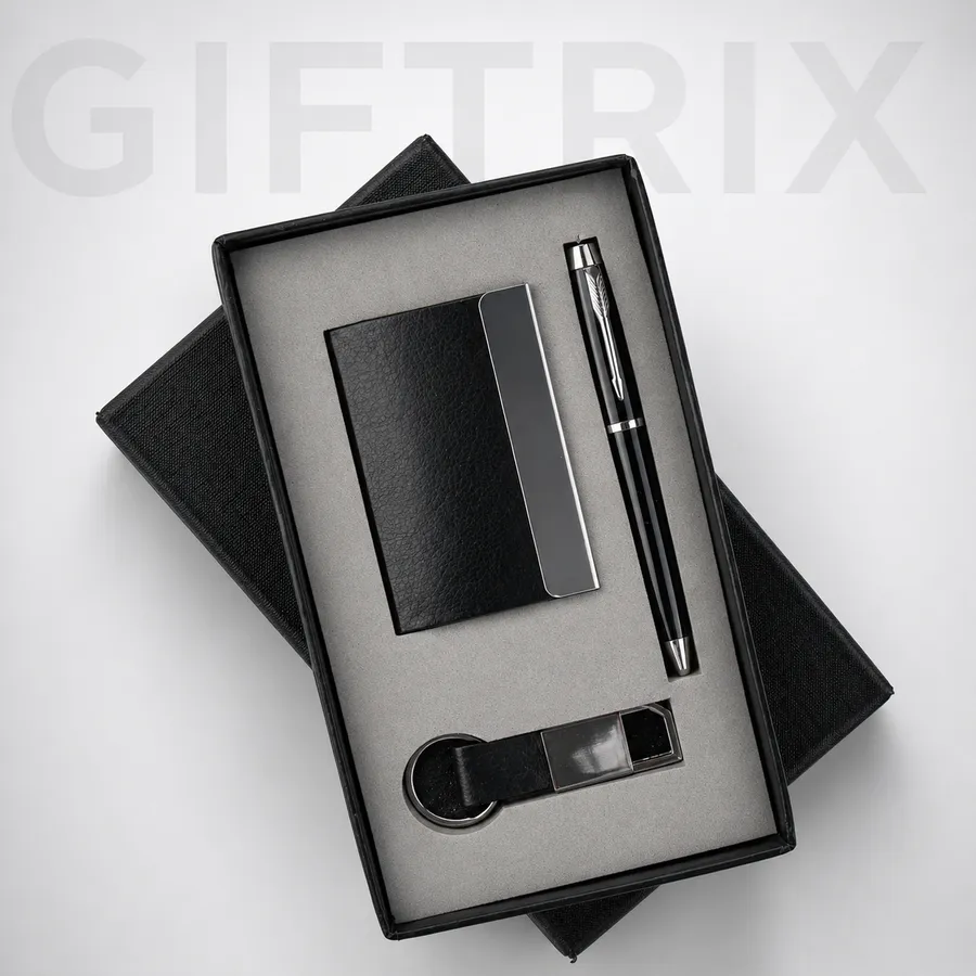 Black cardholder with pen and keychain set
