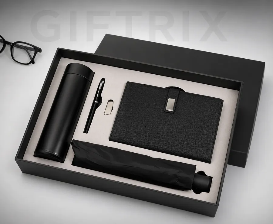 Executive combo with bottle diary keychain and folding umbrella