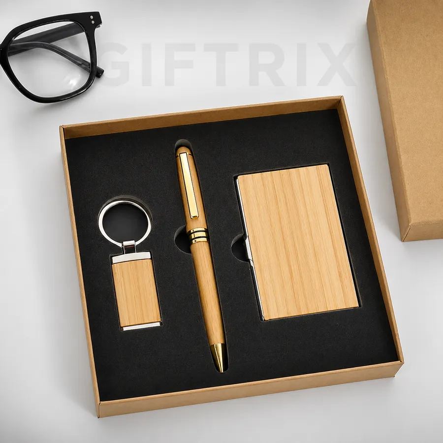Bamboo wooden cardholder pen and keychain set