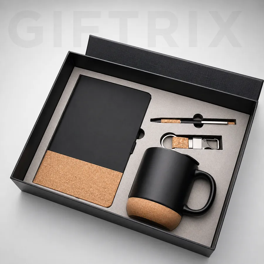 Cork base notebook with mug pen and keychain combo