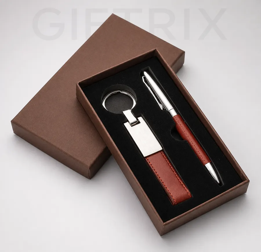 Brown leather pen and keychain duo