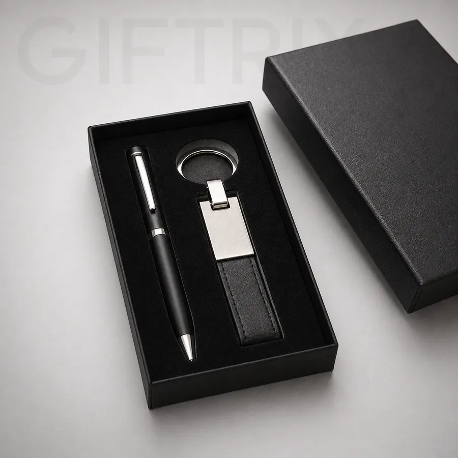 Black pen and keychain duo in gift box