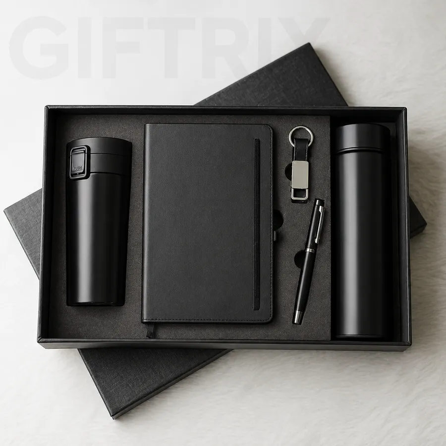 Black all-in-one executive combo with tumbler bottle diary keychain and pen