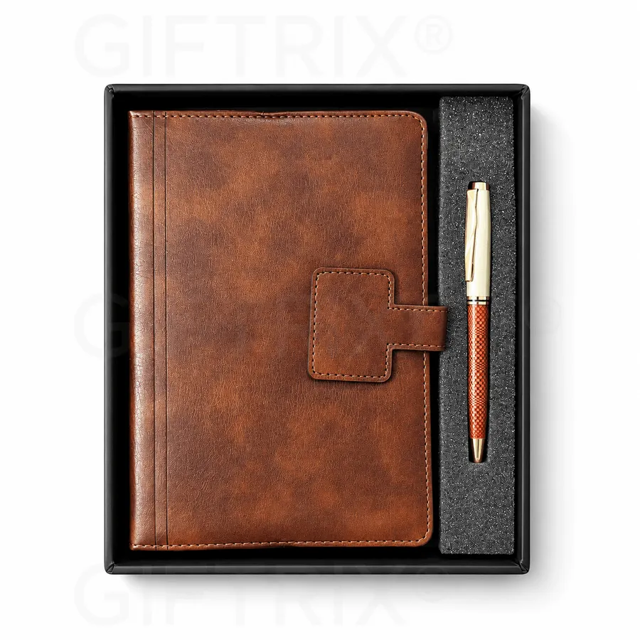 Tan Brown PU Diary, Red-Gold Pen