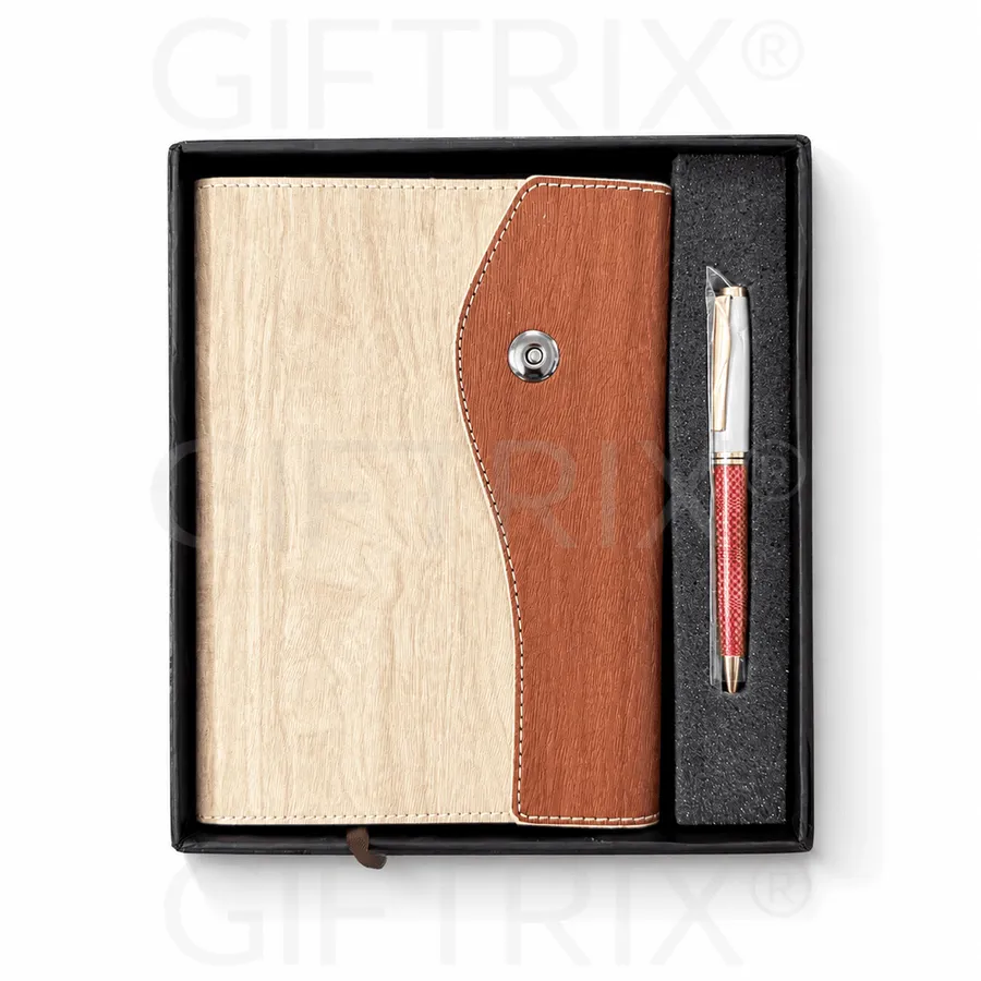 Maple Wood Diary, Tan Flap, Red Pen