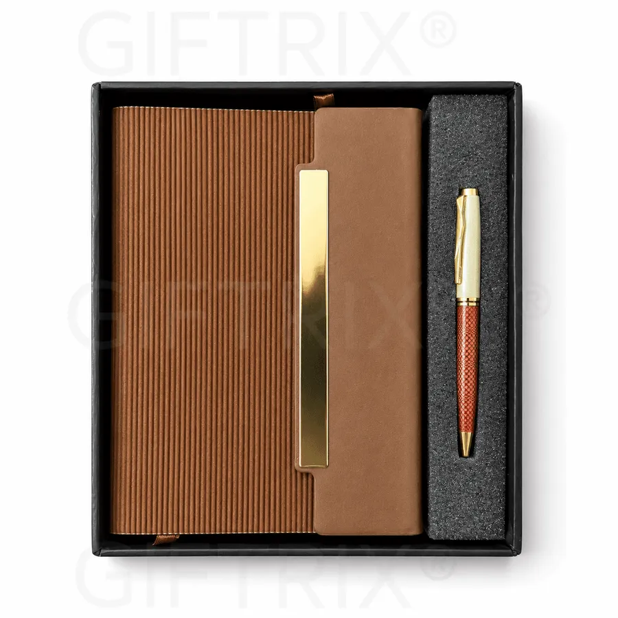 Tan Ribbed Diary, Gold Bar, Red Pen
