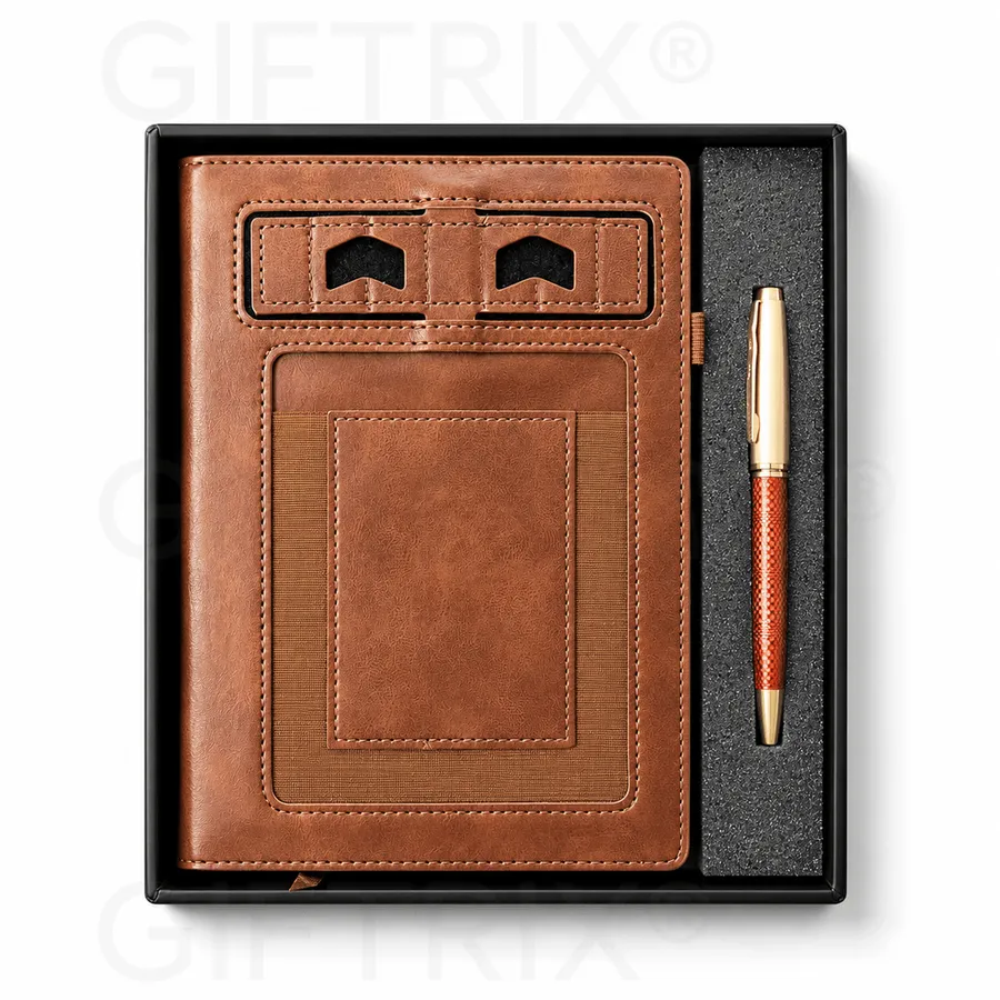 Tan Leather ID-Window Diary, Red Pen