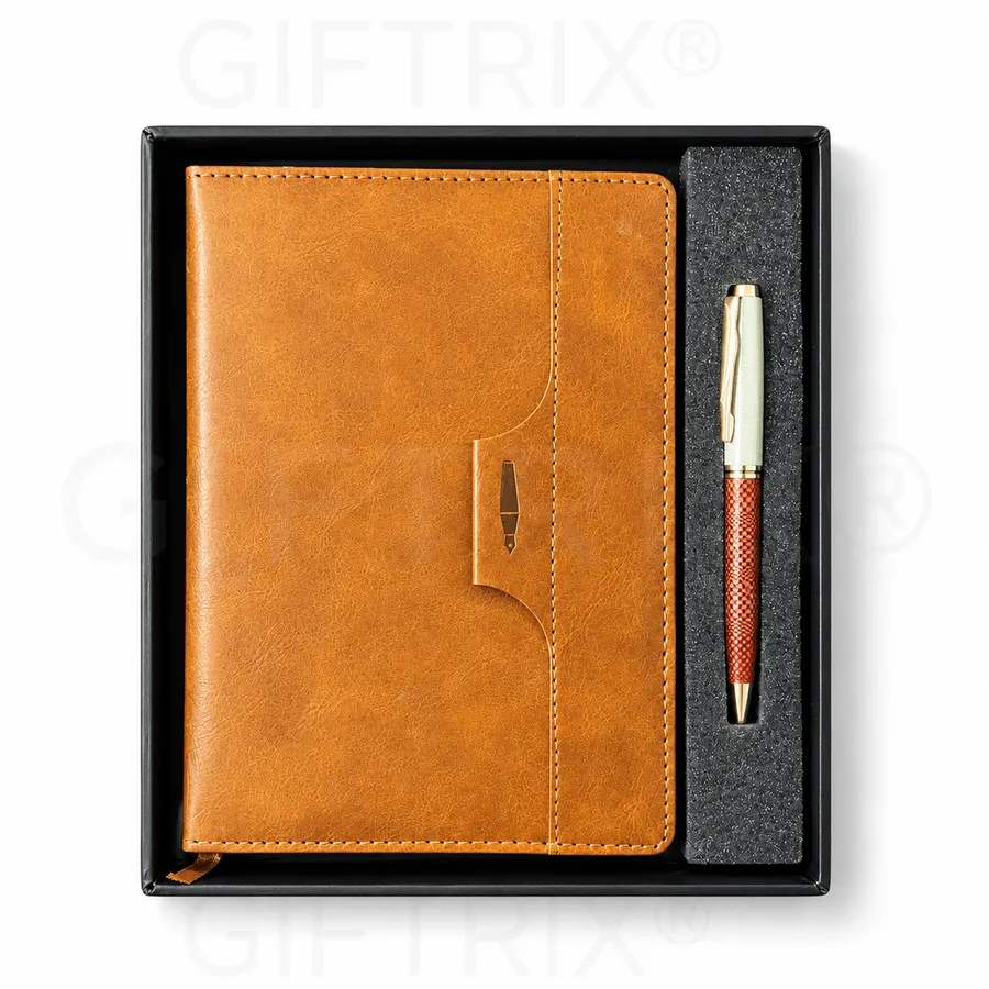 Tan Leather Diary, Slot Flap, Red Pen