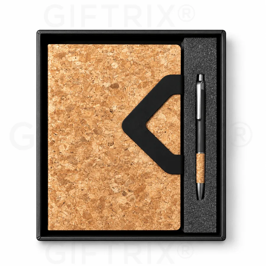 Cork Diary, Black Triangle Flap, Cork Pen