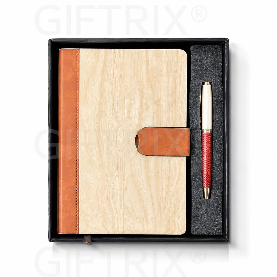 Maple Wood Diary, Tan Spine, Red Pen