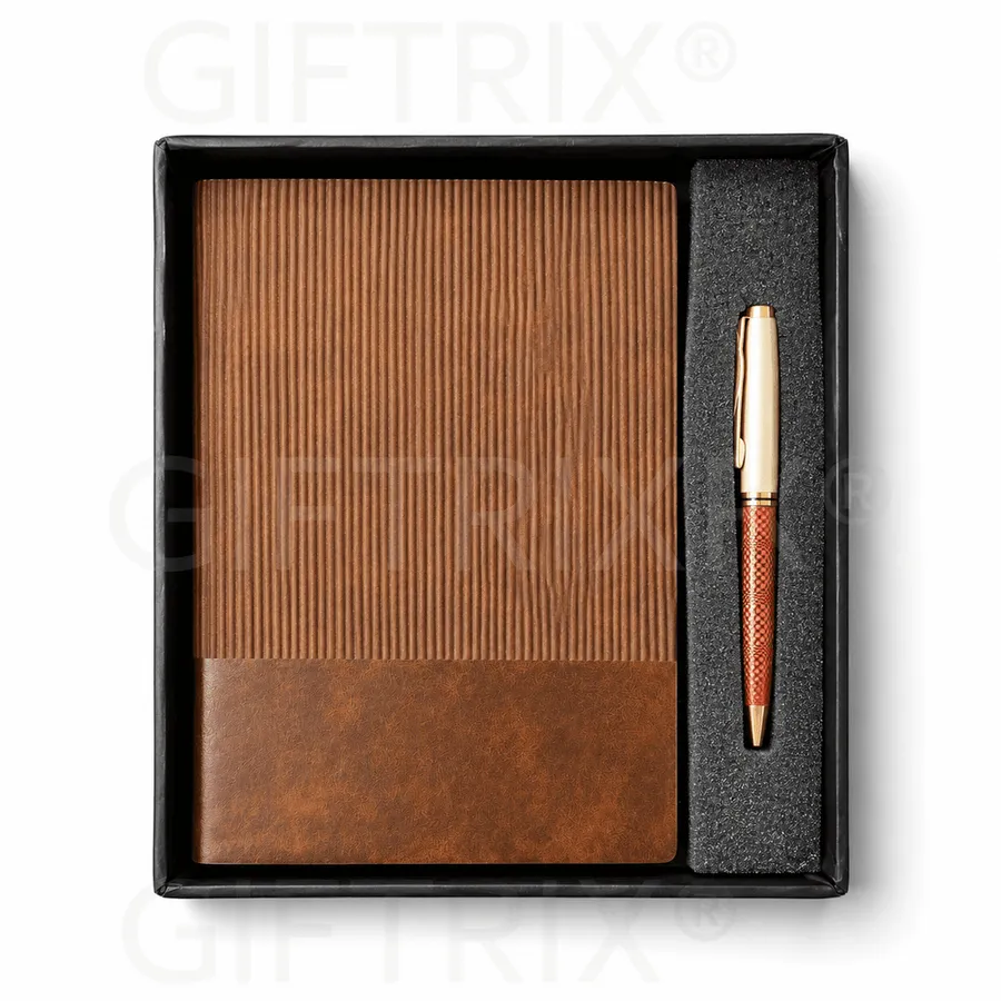 Two-Tone Tan Ribbed Diary, Red Pen