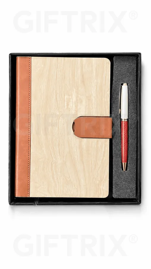 Maple Wood Diary, Tan Spine, Red Pen