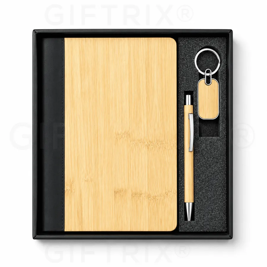 Bamboo Cover Diary, Pen & Keychain Set