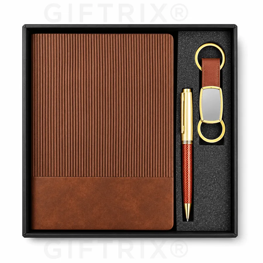 Tan Ribbed Leather Gold-Pen Set